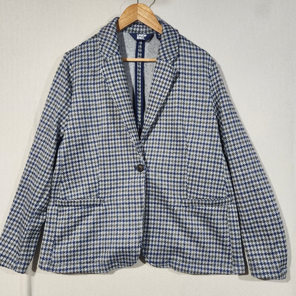 Lands End Womens XL 18 Blue Green Houndstooth Knit Single Button Blazer Jacket